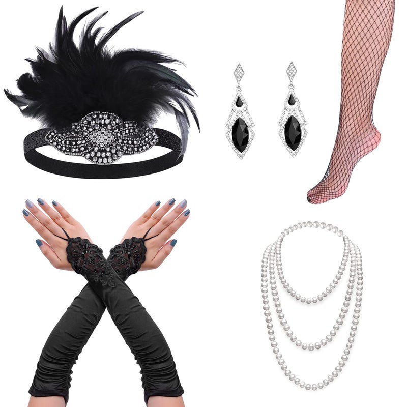 cridoz Flapper Accessories, 1920s Gatsby Accessories for Women Includes Flapper Headbands Necklace Gloves Black - Image 1